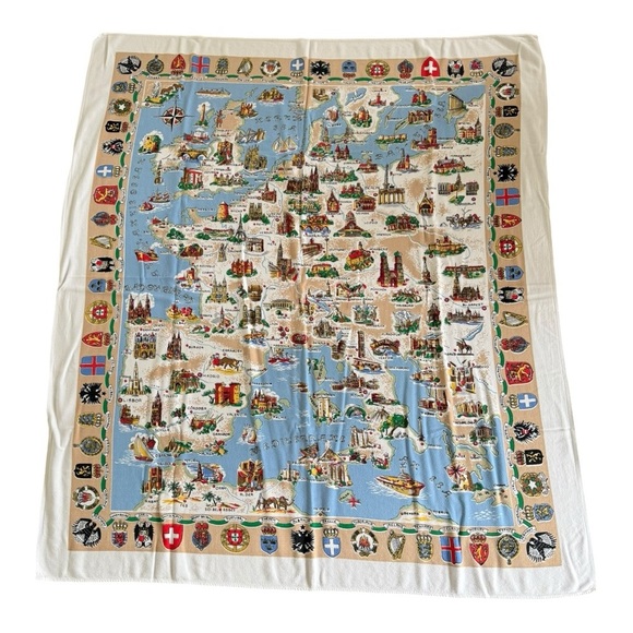 Europe Map & Crests Vintage Souvenir Tablecloth - Picture 1 of 7